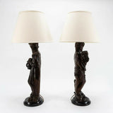 Antique Lamps, Carved Figural, Pair, Continental, Wood Sculpture, Shades, 1800's! - Old Europe Antique Home Furnishings