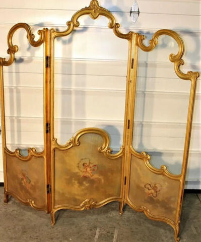 Antique Screen, Dressing, Hand Painted Courting Scenes, 3 Panels, Gilt, Lovely!-show original title - Old Europe Antique Home Furnishings