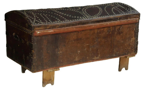 Antique Trunk, Spanish Baroque Leather-Clad, Fabric Lined, Nailhead Trim, 1700's! - Old Europe Antique Home Furnishings