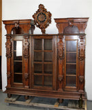 Antique Bookcase, French Renaissance with Clock, Glass Paned Doors, 1800s!! - Old Europe Antique Home Furnishings