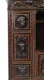 Antique Bookcase, Library Spanish Renaissance Revival, Crest, Mask, 1800s! - Old Europe Antique Home Furnishings