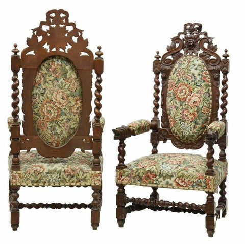 Antique Armchairs, French Louis XIII Style Pair, Highly Carved, 1800's!! - Old Europe Antique Home Furnishings