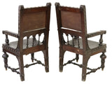 Antique Armchairs, (3) Spanish Renaissance Revival Leather, Nail Head Trim 1800s - Old Europe Antique Home Furnishings