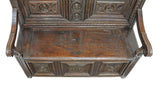 Antique Bench,Hall, French Breton Ely-Monbet Carved Oak, Brittany, Canopy,1800s - Old Europe Antique Home Furnishings