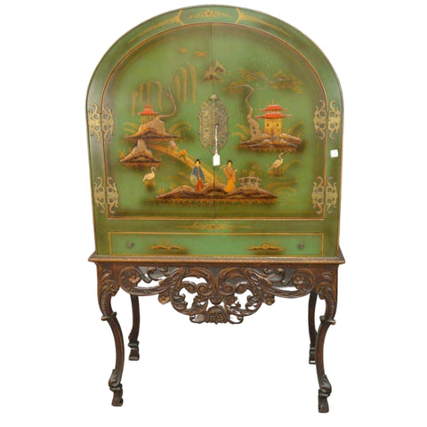 Antique Cabinet Display, Green Chinoiserie Display Cabinet, Oriental Hardware, Gorgeous!! - Old Europe Antique Home Furnishings