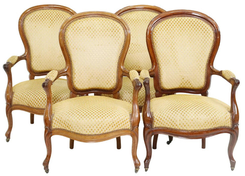 Antique Arm Chairs Fauteuils, French Louis Phillipe Period Walnut, 4, 1800s! - Old Europe Antique Home Furnishings