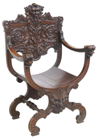 Antique Armchair, Curule, Renaissance Revival, Carved Oak, Crest, Foliate, 1800s - Old Europe Antique Home Furnishings
