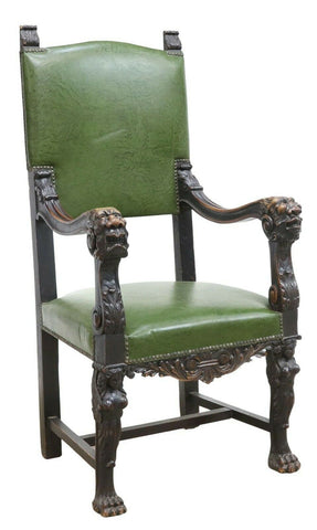 Antique Armchair, Throne, Green, Carved Walnut Italian Renaissance Revival! - Old Europe Antique Home Furnishings
