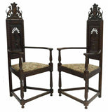 Antique Armchairs, French Breton Carved Oak Caquetoire, Pair, Set of Two, 1800s! - Old Europe Antique Home Furnishings
