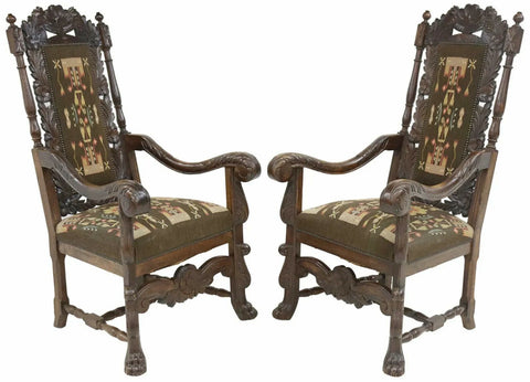 Antique Armchairs, HIghback, (2) Continental Carved Oak, Crest, Paw Feet, 1800s! - Old Europe Antique Home Furnishings