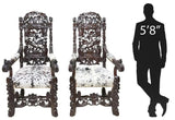 Antique Armchairs, Throne, Pair, Cowhide, Monumental Figural Carved, 1800s!! - Old Europe Antique Home Furnishings