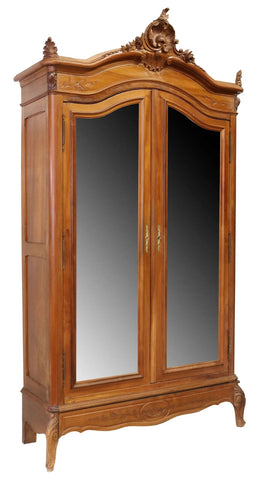Antique Armoire Louis XV Style Walnut Mirrored, Crest, Two Door, Early 1900s!! - Old Europe Antique Home Furnishings