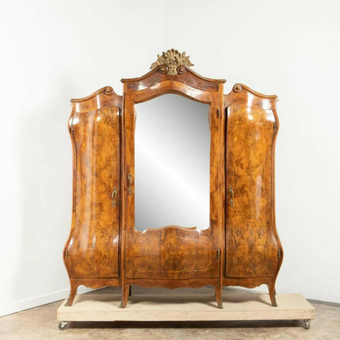 Antique Armoire, Bombe Italian Rococo-Style Burl Walnut Armoire, early 1900s!! - Old Europe Antique Home Furnishings