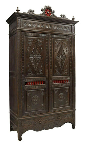 Antique Armoire, Bookcase, French Breton Carved Oak, Spindle,Dark Wood, 1800's!! - Old Europe Antique Home Furnishings