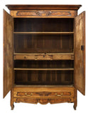 Antique Armoire, French Provincial Louis XV Style Burlwood Elm, Shelves, Drawers - Old Europe Antique Home Furnishings
