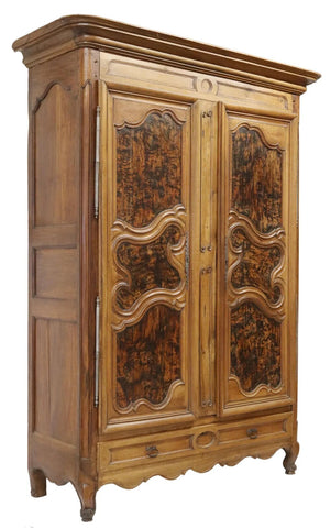 Antique Armoire, French Provincial, Louis XV Style, Walnut, Shelves, 1800's! - Old Europe Antique Home Furnishings