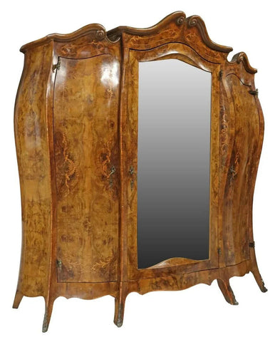 Antique Armoire, Italian Venetian Burled Walnut Triple Door, Single Mirror! - Old Europe Antique Home Furnishings