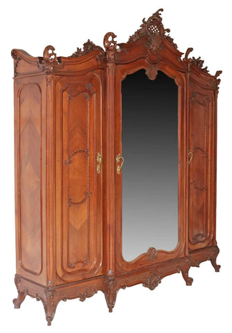 Antique Armoire, Louis XV Style Carved, Walnut, Mirrored, 3 Door, Crest, 1800s! - Old Europe Antique Home Furnishings