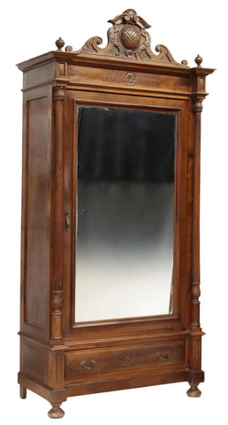 Antique Armoire, Mirrored, Italian Carved, Single Door, Walnut, Foliate, 1800's! - Old Europe Antique Home Furnishings