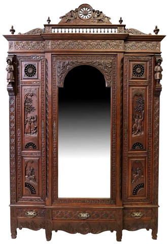 Antique Armoire, Triple, French Breton, Carved Oak, Mirrored, Early 1900s!! - Old Europe Antique Home Furnishings
