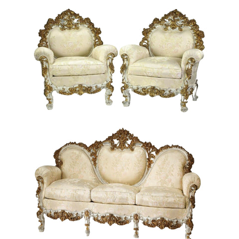 Sofa and Bergeres Set, Italian Rococo Style Carved and Gilt, Satin Brocade, Set of 3 - Old Europe Antique Home Furnishings