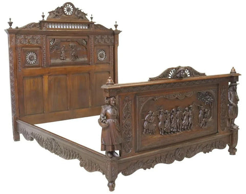 Antique Bed, French Breton, Figural & Foliate, Carved Oak, Spindled, E. 1900s!! - Old Europe Antique Home Furnishings