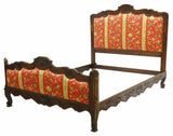 Antique Bed, French Louis XV Style Upholstered Oak Bed, Red and Gold, 1900's!! - Old Europe Antique Home Furnishings