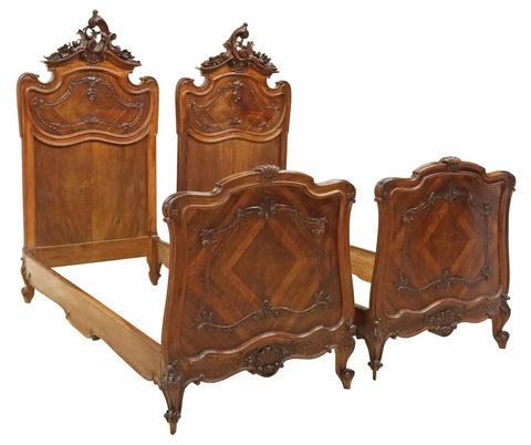 Antique Beds (2) Italian Louis XV Style, Crest, C-Scroll, Foliate Scroll 1800's - Old Europe Antique Home Furnishings