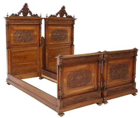 Antique Beds, Italian Renaissance Revival Carved Walnut, (2) Foliate, 1800's!! - Old Europe Antique Home Furnishings