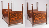 Antique Beds, Pair, Herts Bros Marquetry Inlaid Dutch Style Twin Size, 1800s! - Old Europe Antique Home Furnishings