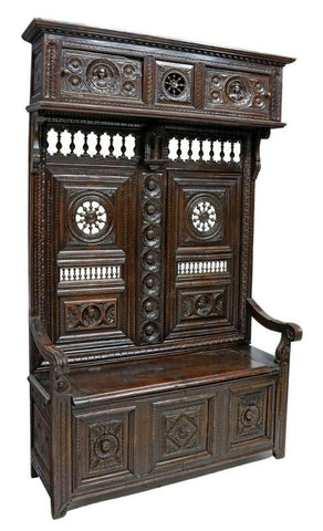 Antique Bench,Hall, French Breton Ely-Monbet Carved Oak, Brittany, Canopy,1800s - Old Europe Antique Home Furnishings