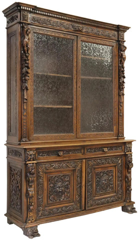 Antique Bookcase Italian Renaissance Revival, Carved, Walnut, Glazed Doors,1800s - Old Europe Antique Home Furnishings