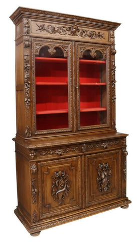 Antique Bookcase, French Henri II Style Carved Oak Stepback, Display,1800's!! - Old Europe Antique Home Furnishings