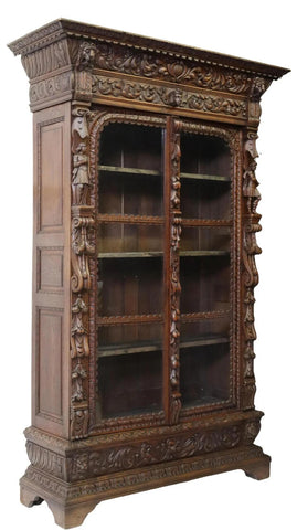 Antique Bookcase, French Renaissance Revival, Carved Oak , Scrolls, Masks, 1800s - Old Europe Antique Home Furnishings