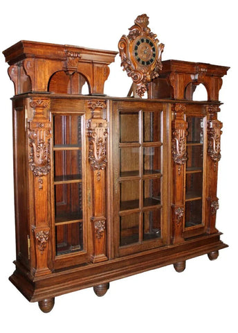 Antique Bookcase, French Renaissance with Clock, Glass Paned Doors, 1800s!! - Old Europe Antique Home Furnishings