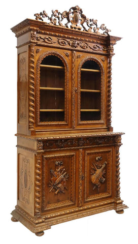Antique Bookcase, French, Carved Oak Fine & Musical Arts, Foliate Crest, 1800s!! - Old Europe Antique Home Furnishings