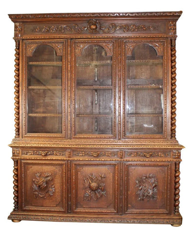 Antique Bookcase, French, Louis XIII, 3 Door, Oak, Barley Twist, Columns, 1800s! - Old Europe Antique Home Furnishings