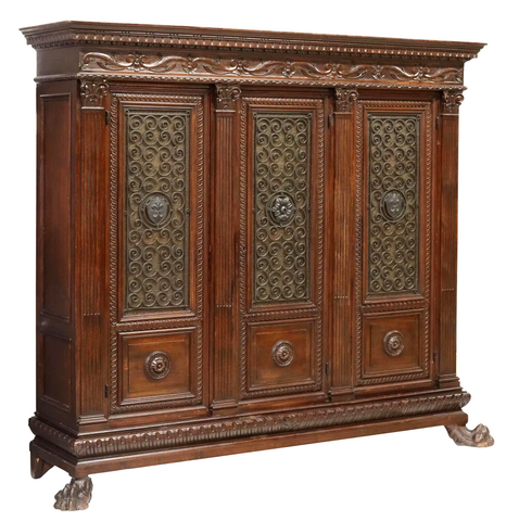 Antique Bookcase, Italian Renaissance Revival, Carved, Walnut, Early 1900s! - Old Europe Antique Home Furnishings