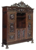Antique Bookcase, Library Spanish Renaissance Revival, Crest, Mask, 1800s! - Old Europe Antique Home Furnishings