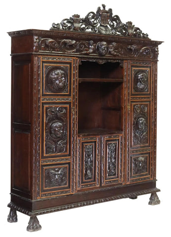 Antique Bookcase, Library Spanish Renaissance Revival, Crest, Mask, 1800s! - Old Europe Antique Home Furnishings