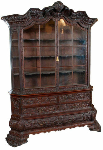 Antique Bookcase, Ornate Highly Carved Wooden Bookcase W / Glass Doors, 1800's - Old Europe Antique Home Furnishings