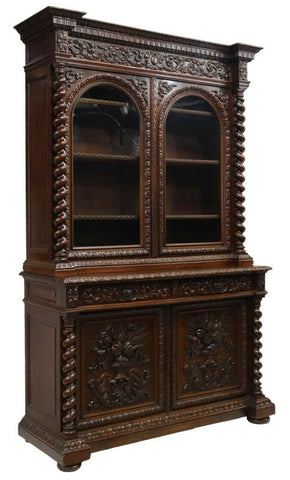 Antique Bookcase / Sideboard, Carved, French Henri II Style Carved Oak, 1800's! - Old Europe Antique Home Furnishings