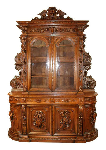 Antique Buffet / Bookcase, French Curved Side Hunt, Motif, Magnificent, 1800s! - Old Europe Antique Home Furnishings