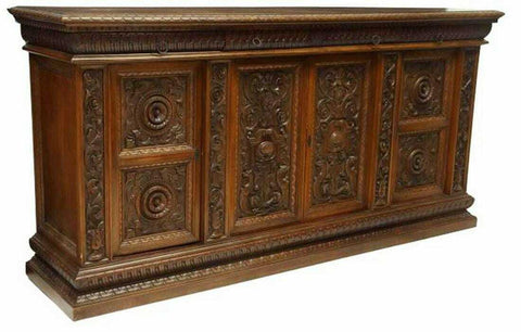 Antique Buffet, Highly Carved Italian Renaissance Massive Sideboard, 1900's!! - Old Europe Antique Home Furnishings