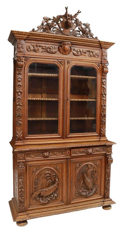 Antique Cabinet, Hunt, Oak, Foliate, French Game Bird & Deer Carved, 1800's!! - Old Europe Antique Home Furnishings