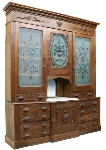 Gorgeous Antique Cabinet, Victorian American Walnut Monumental Etched Glass, 1800's, 19th Century Gorgeous! - Old Europe Antique Home Furnishings