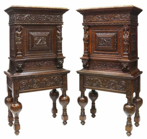 Antique Cabinets / Cupboards, Pair of Continental Carved Oak Court, Marble, 1800's!! - Old Europe Antique Home Furnishings