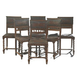 Antique Embossed Leather Dining Chairs, Set of Six Henri II Style Carved Walnut - Old Europe Antique Home Furnishings