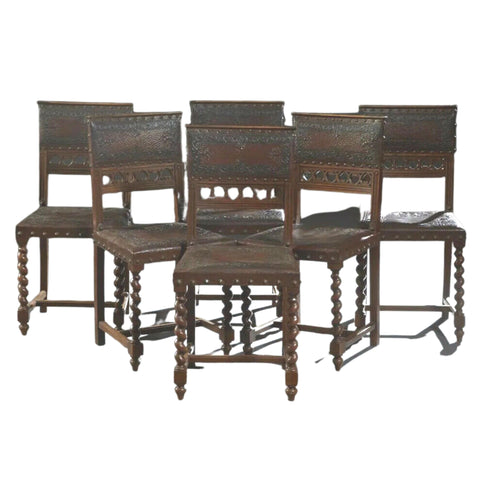 Antique Embossed Leather Dining Chairs, Set of Six Henri II Style Carved Walnut - Old Europe Antique Home Furnishings