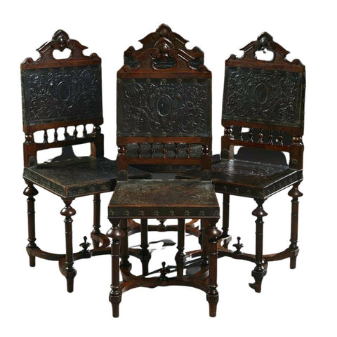 Antique Chairs, Dining, Side French Henri II Style Carved Walnut, Set of Four, 1880!!! - Old Europe Antique Home Furnishings